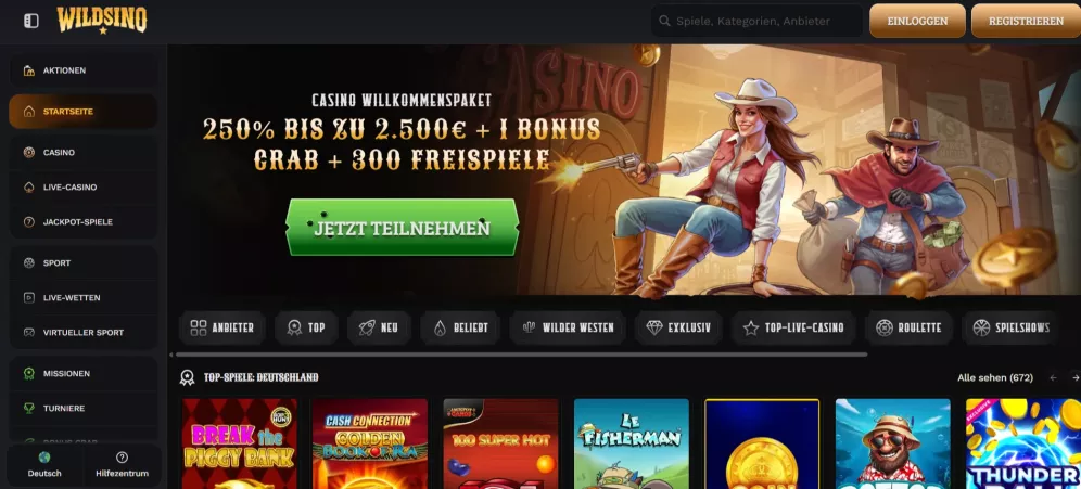 Wildsino Casino – Bis zu 2.500 € + 300 Free Spins Willkommensbonus für neue Spieler in Deutschland